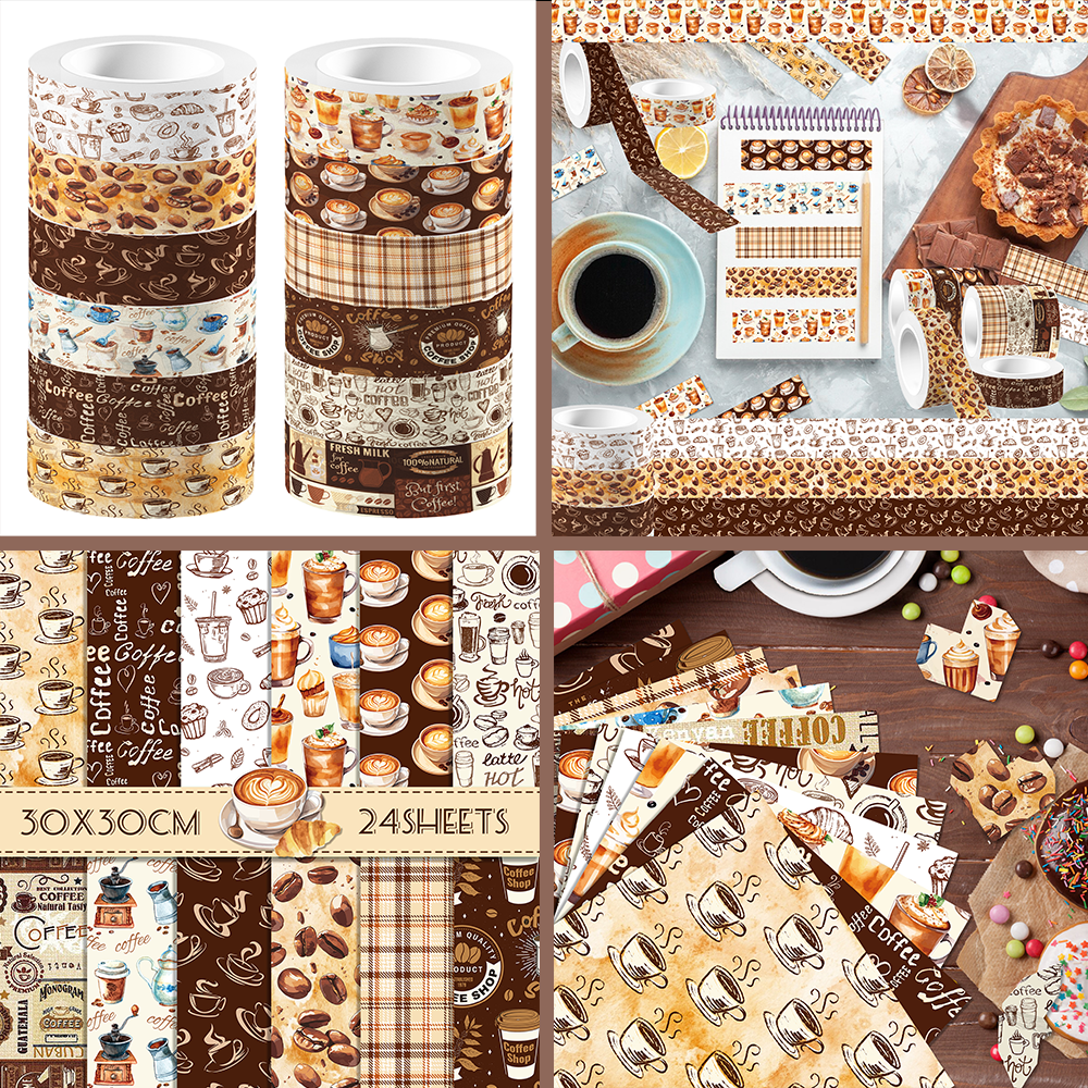 Washi Tape Rolls - Vintage Coffee Pattern Washi Tape and
